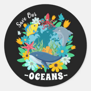 Save our oceans Flower Whale Colourful Design Eart Classic Round Sticker