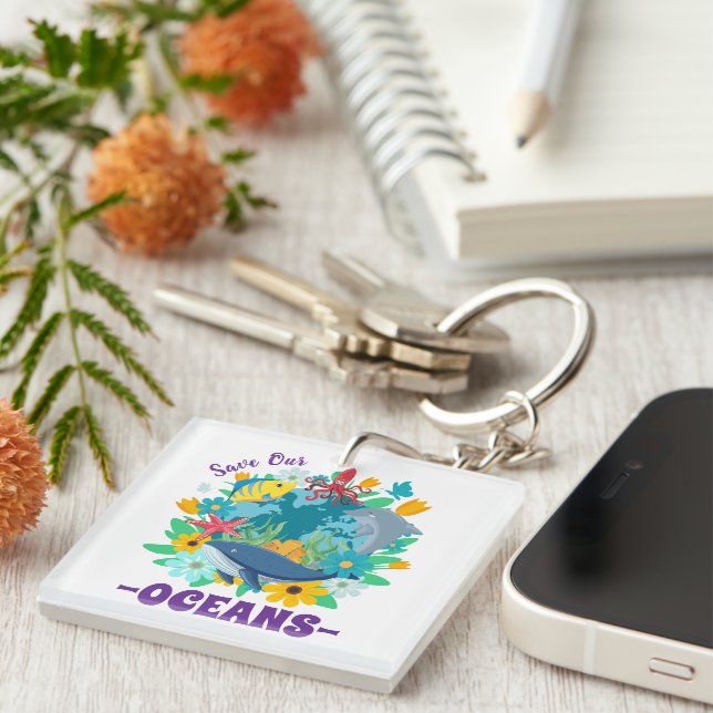 Save our oceans Flower Whale Colourful Design Eart Keychain (Front Right)