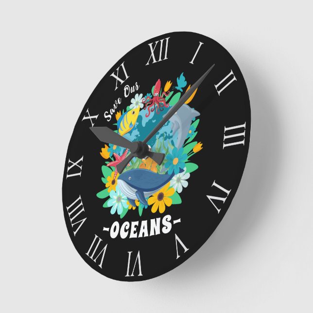 Save our oceans Flower Whale Colourful Design Eart Round Clock (Angle)