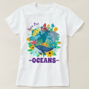 Save our oceans Flower Whale Colourful Design Eart T-Shirt