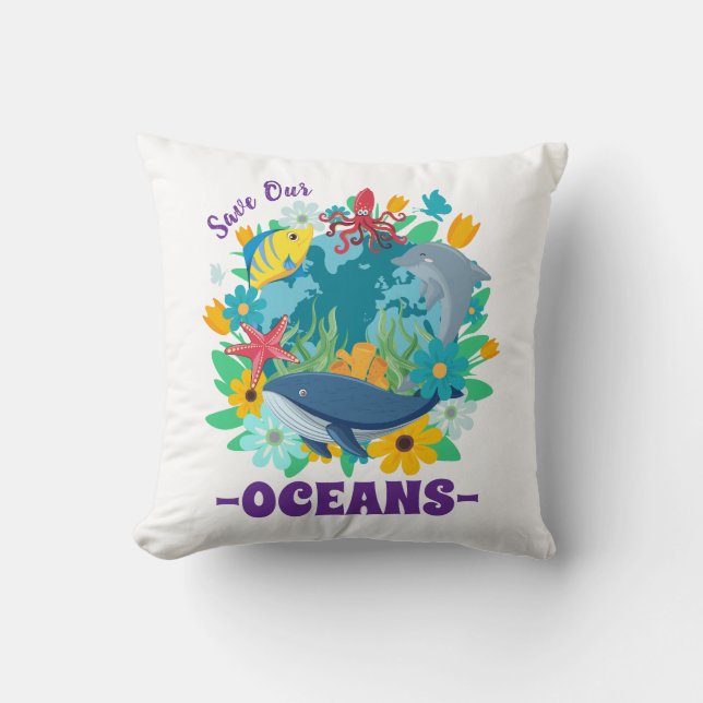 Save our oceans Flower Whale Colourful Design Eart Throw Pillow (Front)