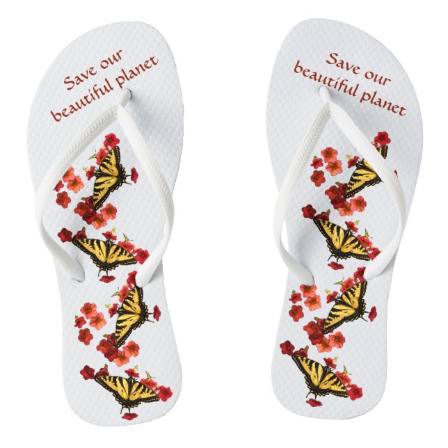 Save Our Planet Butterfly Red Flowers Flip Flops (Footbed)