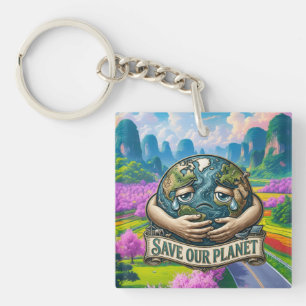 Save Our Planet Crying Earth Eco Awareness  Keychain