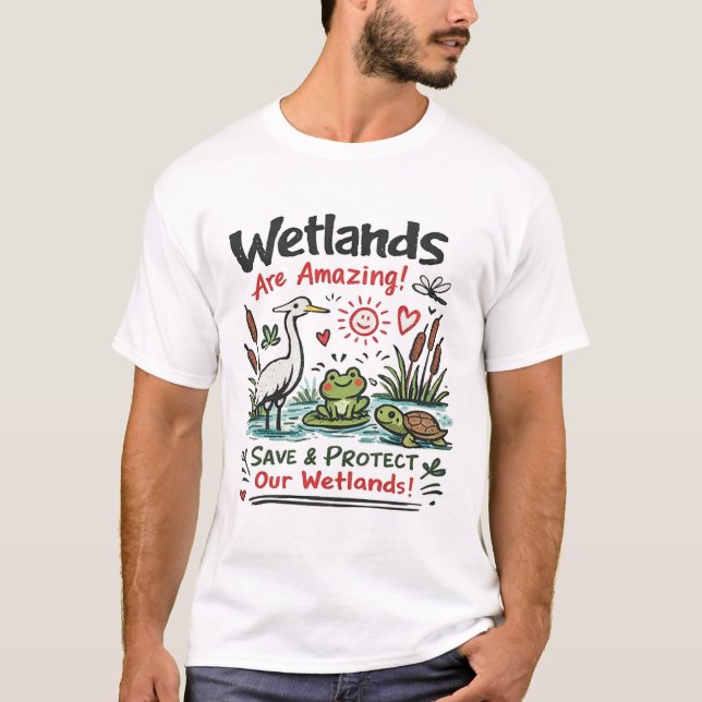 Save Our Wetlands Cute Wildlife Doodle Art T-Shirt (Front)