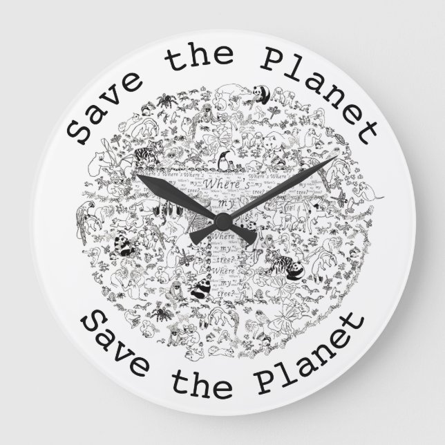 Save Planet Earth Animals & Trees Line Drawing Art Large Clock (Front)