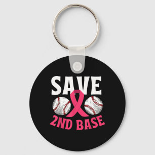 Save Second 2nd Base Funny Baseball Breast Cancer Keychain