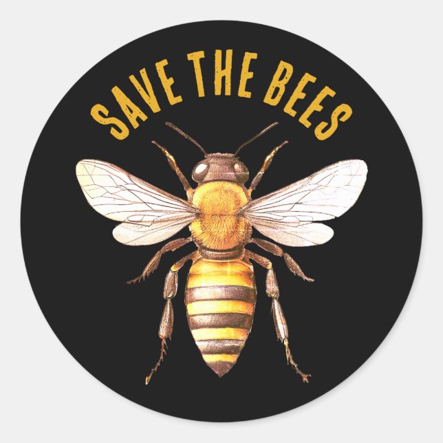 Save the Bees Black Yellow Classic Round Sticker (Front)