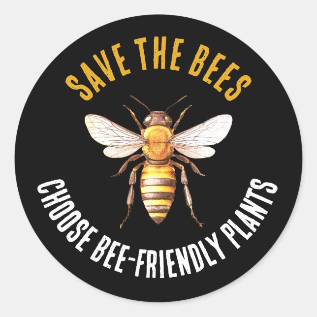 Save the Bees Black Yellow Classic Round Sticker (Front)