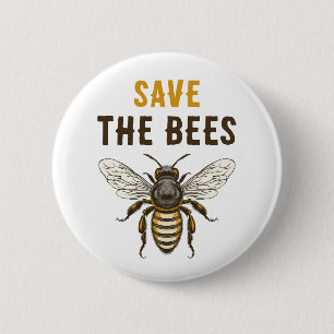 Save the bees button with vintage honey bee
