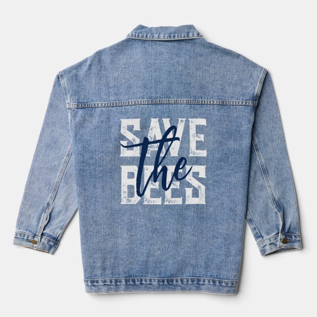 Save The Bees Elegant White Blue Script Typography Denim Jacket (Back)