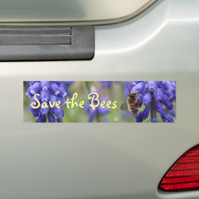 Save The Bees Environmental Bee on Flower Purple Bumper Sticker (On Car)