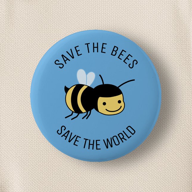 Save the Bees, Happy Little Bee on Blue 2 Inch Round Button (Creator Uploaded)
