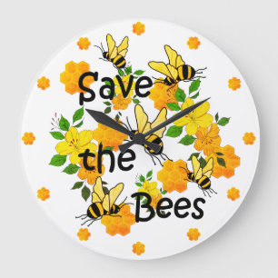 Save the bees, Honeycomb and Yellow Flowers Large Clock