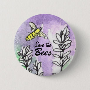 Save The Bees Lavender Flower Watercolor 2 Inch Round Button