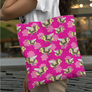 Save the Bees on a pink floral background tote bag