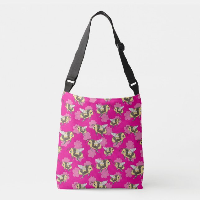 Save the bees on pink floral background crossbody bag (Front)