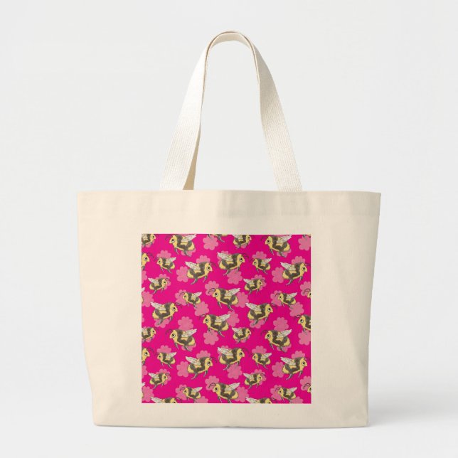 Save the bees on pink floral background large tote bag (Front)