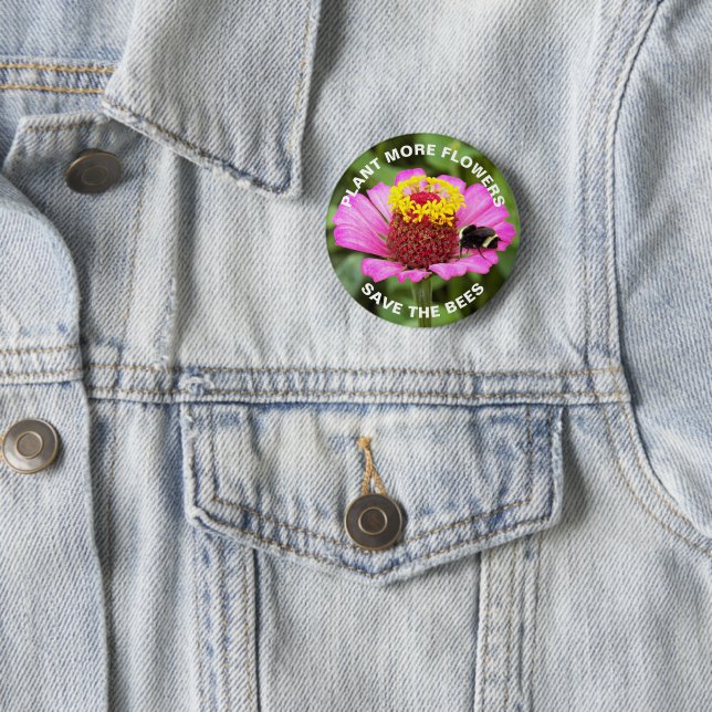 Save the Bees Pink Zinnia Flower 2 Inch Round Button (In Situ)