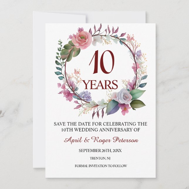 Save The Date 10e anniversaire du Mariage Tin Floral (Devant)