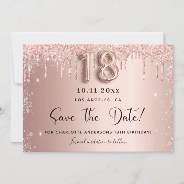 Save The Date 18e anniversaire rose or argent enregistrer la car (Devant)
