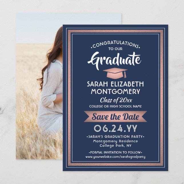 Save The Date 1 Diplôme photo Elégant Marine Bleu et Rose (Devant / Derrière)
