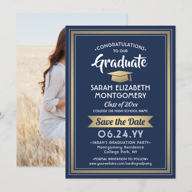 Save The Date 1 Photo Graduation Elégant Marine Bleu Blanc & Or (Devant / Derrière)