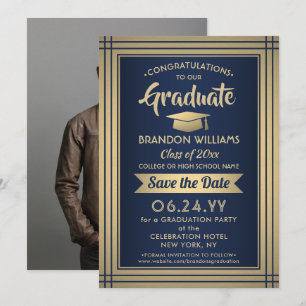 Save The Date 1 Photo Graduation Marine Blue Gold Faux Foil Mode
