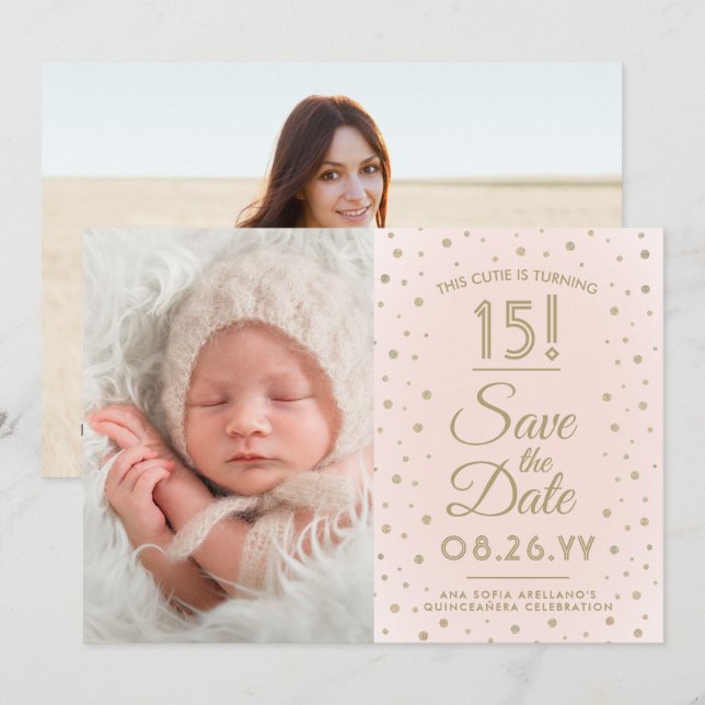 Save The Date 2 Photo Quinceanera Chic Blush Pink Gold Parties s (Devant / Derrière)