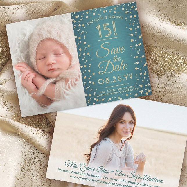 Save The Date 2 Photo Quinceanera Elegant Turquoise Blue Gold Pa (Créateur téléchargé)