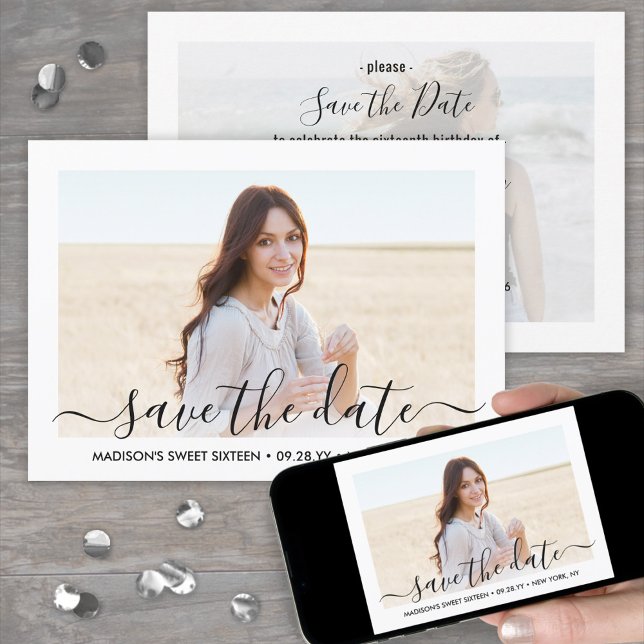 Save The Date 2 Photo Sweet 16e Anniversaire Chic Script Seizièm (Créateur téléchargé)