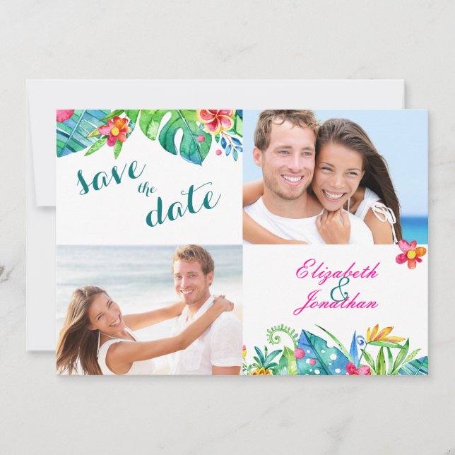 Save The Date 2 Photo Tropical Berry rose Turquoise Floral Chevr (Devant)