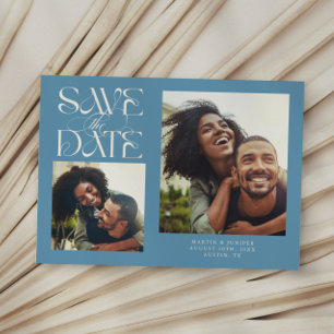 Save The Date 2 Photo Typographie Moderne Mystique Bleu Denim