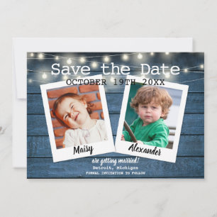 Save The Date 2 Photophores en bois rustique bleu à cordon