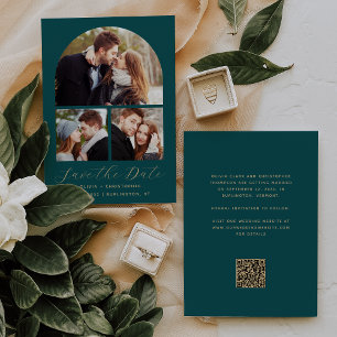 Save The Date 3-Photo Collage Arch Turquoise Blue Gold QR Code