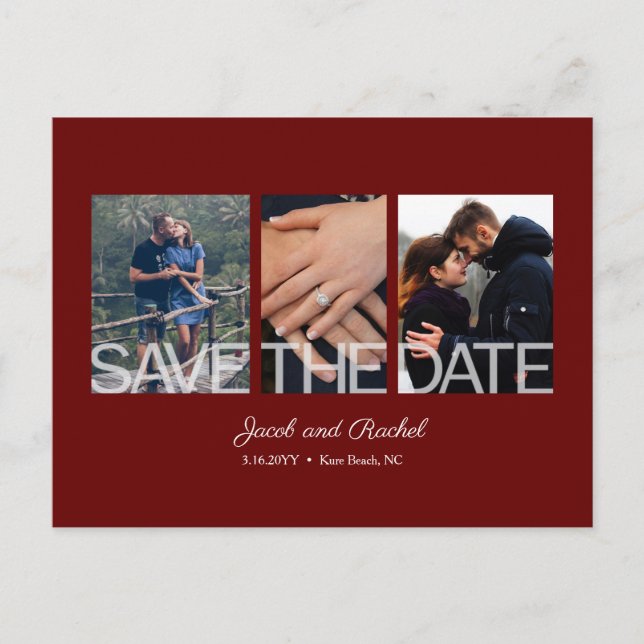Save the Date 3-Photo Collage Burgundy Red Wedding Postcard (Front)