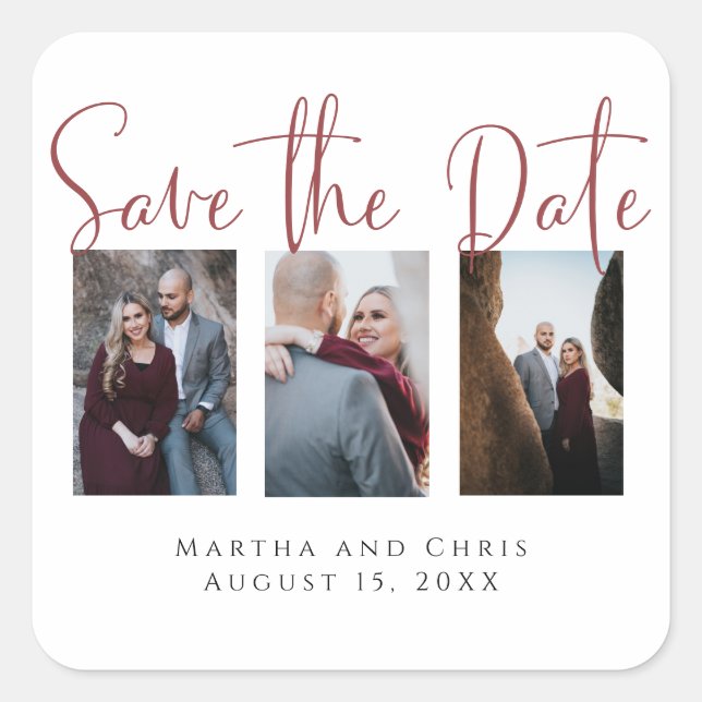 Save the Date 3 Photo Pink Rose Modern Collage  Square Sticker (Front)