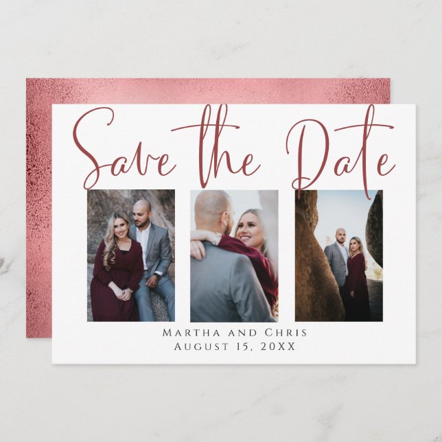 Save the Date 3 Photo Rose Gold Modern Script (Front/Back)
