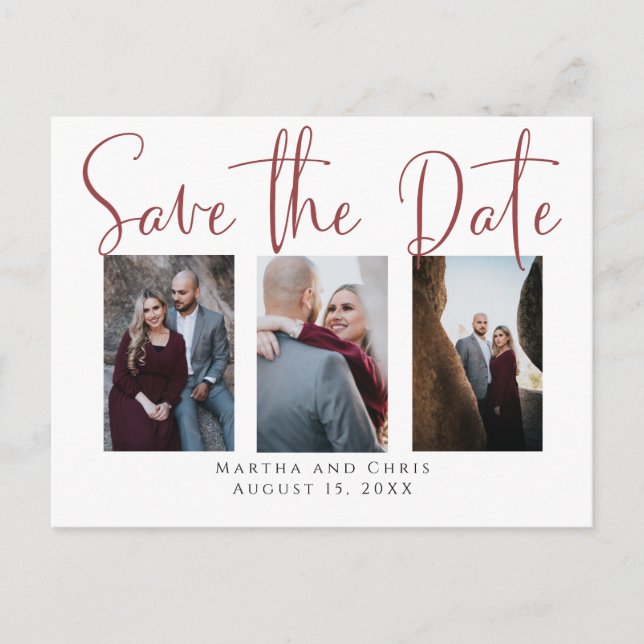 Save the Date 3 Photo Rose Gold Modern Script Announcement Postcard (Front)