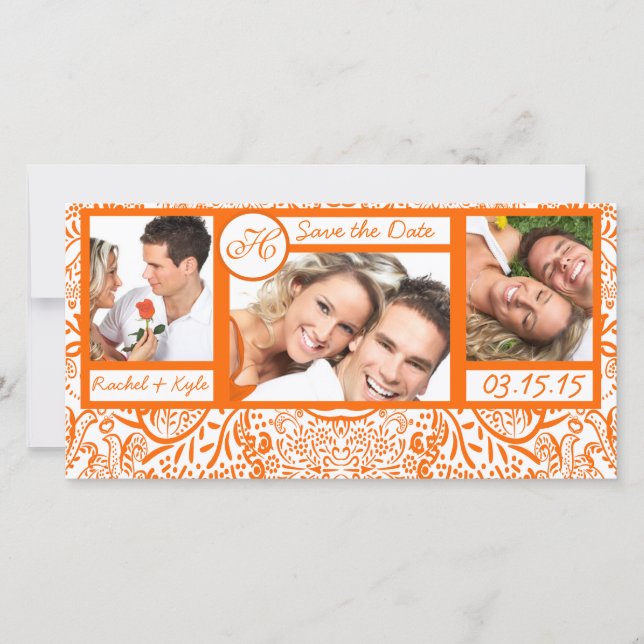 Save The Date 3 Photos Inséparables Orange Damask Enregistrer la (Devant)