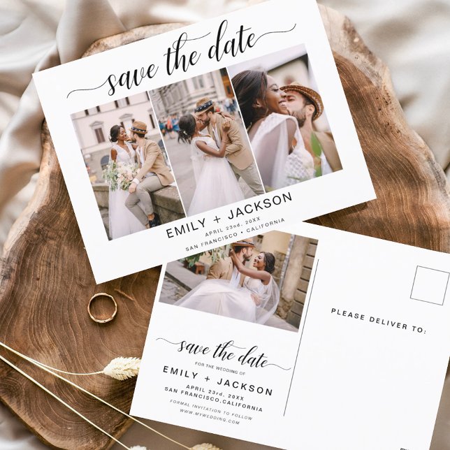 Save the Date 4 Photo Elegant Editable Modern Postcard (Creator Uploaded)
