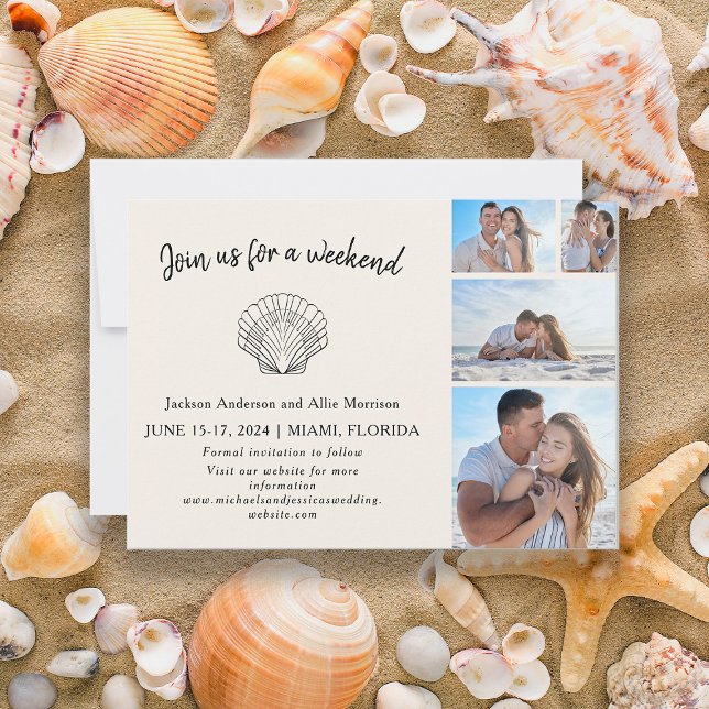 Save The Date 4 Photo Plage Coquillages Mariage de Destination (4-photo beach wedding Save the Date card)