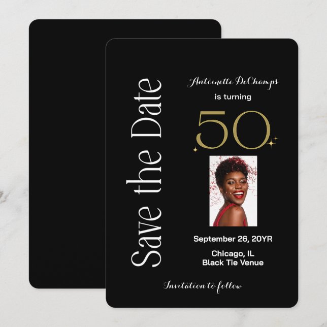 Save The Date 50 et Fabulous Black White Gold fête d'anniversair (Devant / Derrière)