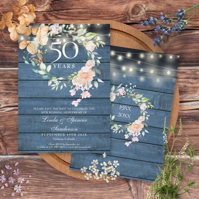 Save The Date 50e Anniversaire Bleu Rustique Flore Lumières (Créateur téléchargé)
