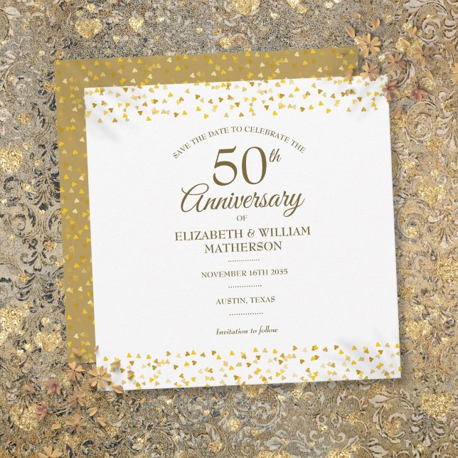 Save The Date 50e anniversaire de mariage cœurs dorés carré (50th Wedding Anniversary Gold Hearts Square Save The Date)