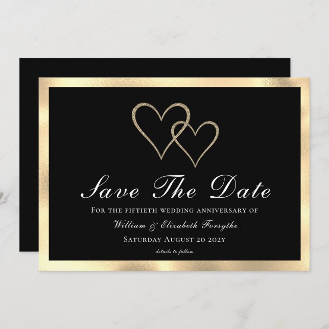 Save The Date 50e Anniversaire de Mariage Cœurs en Or (Devant / Derrière)