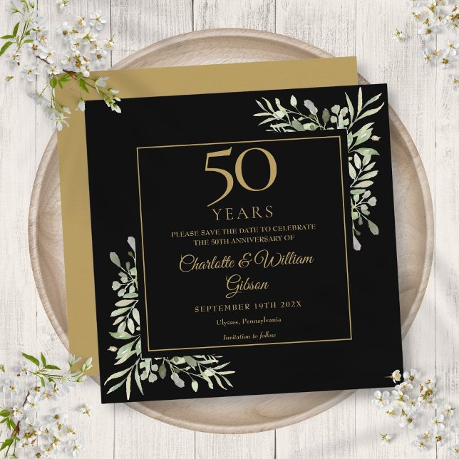Save The Date 50e anniversaire de mariage feuillage noir or carr (50th Wedding Anniversary Foliage Black Gold Square Save The Date)