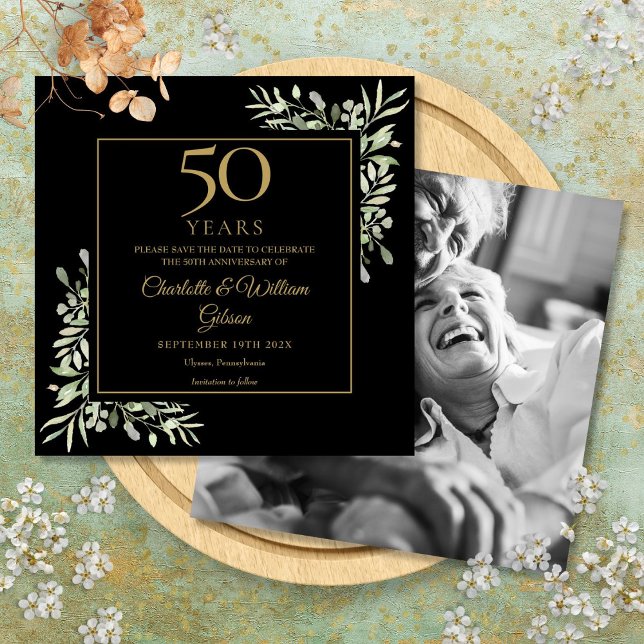 Save The Date 50e Anniversaire de Mariage Feuillage Noir Or Phot (50th Wedding Anniversary Foliage Black Gold Photo Save The Date)