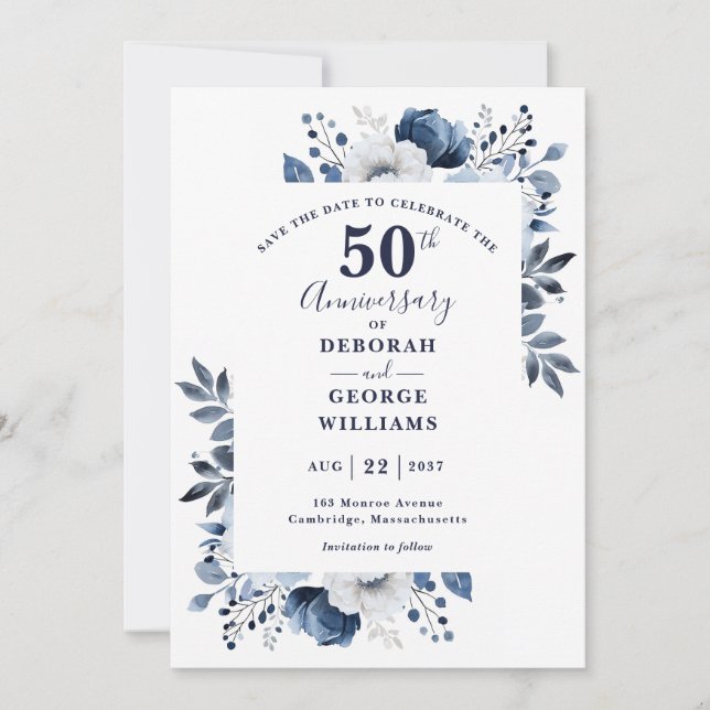 Save The Date 50e anniversaire du Mariage Floral bleu Enregistre (Devant)