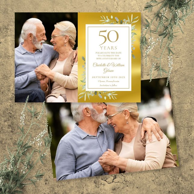 Save The Date 50ème Anniversaire de Mariage d'or Verdure 2 Photo (50th Golden Wedding Anniversary Greenery 2 Photos Save The Date)