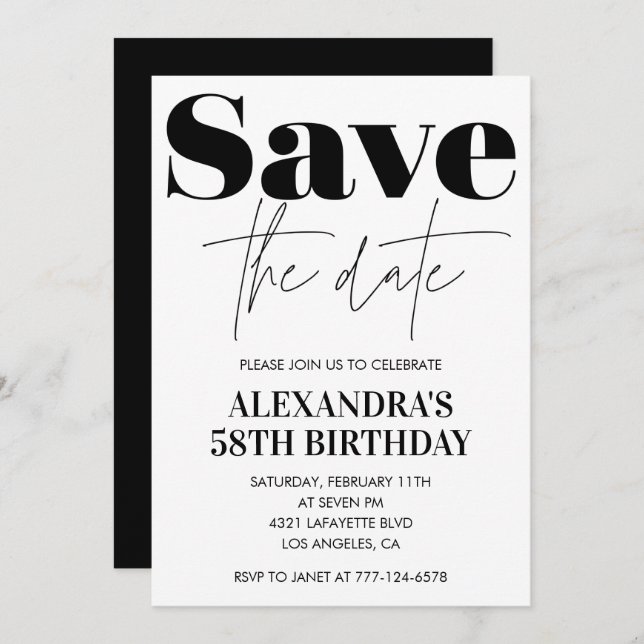 Save the date 58th birthday invitation Black White (Front/Back)